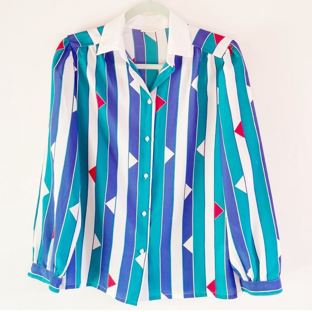 Vintage 1980s Long Sleeve Striped Blue Button Down Shirt Blouse Sz 10